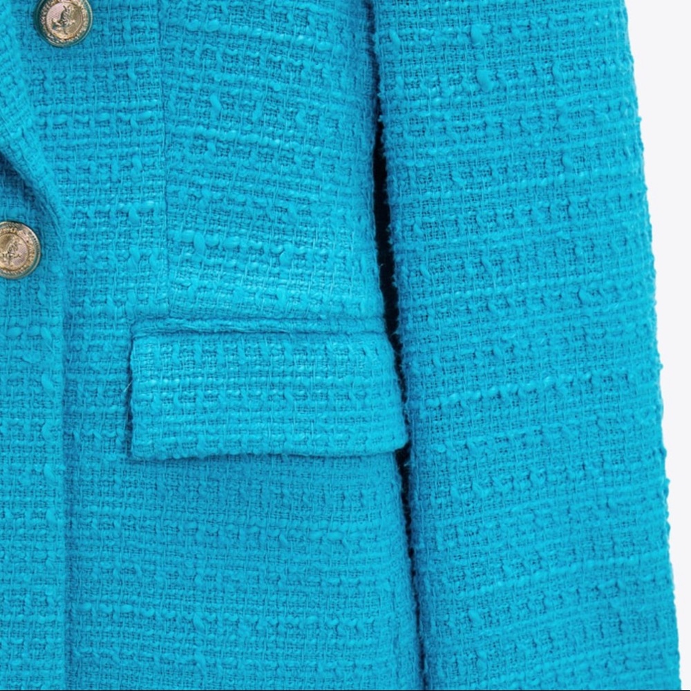 Zara Bright Turquoise Double-Breasted Tweed Blazer - Picture 6 of 8
